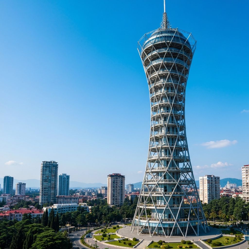 برج الحروف الأبجدية - معلم أيقوني في باتومي جورجيا - برج أيقوني بارتفاع 130 متر يمثل الحروف الجورجية. يضم مطعم دو