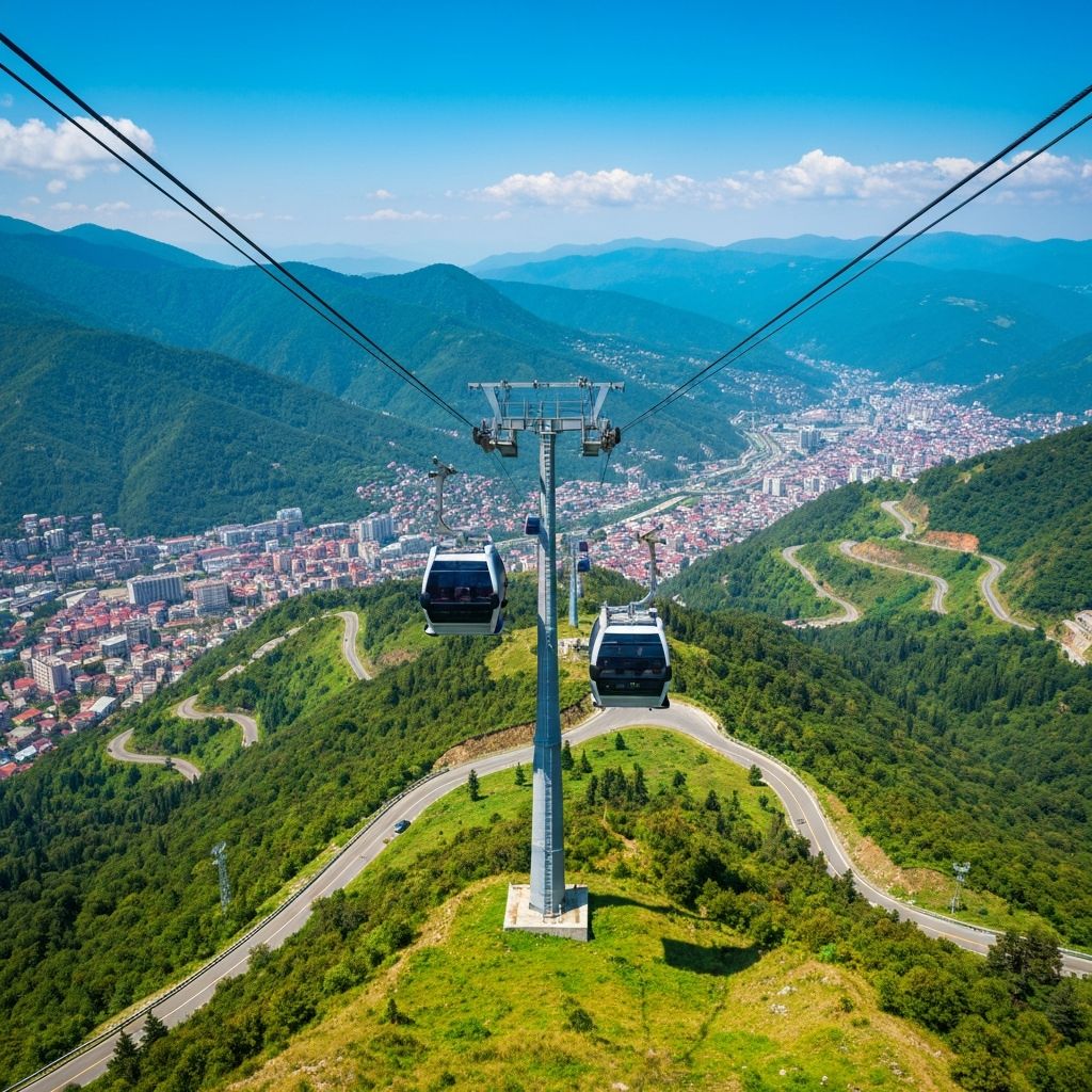 التلفريك - ترفيه في باتومي جورجيا - رحلة بالتلفريك إلى قمة جبل أنوريا مع إطلالات خلابة على المدي