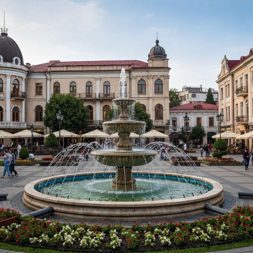 ميدان أوروبا - ميدان في باتومي جورجيا - ميدان تاريخي مع نافورة فلكية ومباني أوروبية الطراز ومقاهي وم